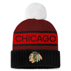Chicago Blackhawks Fanatics Women's Authentic Pro Rink Cuffed Knit Hat with Pom - Black/Red - NHL
