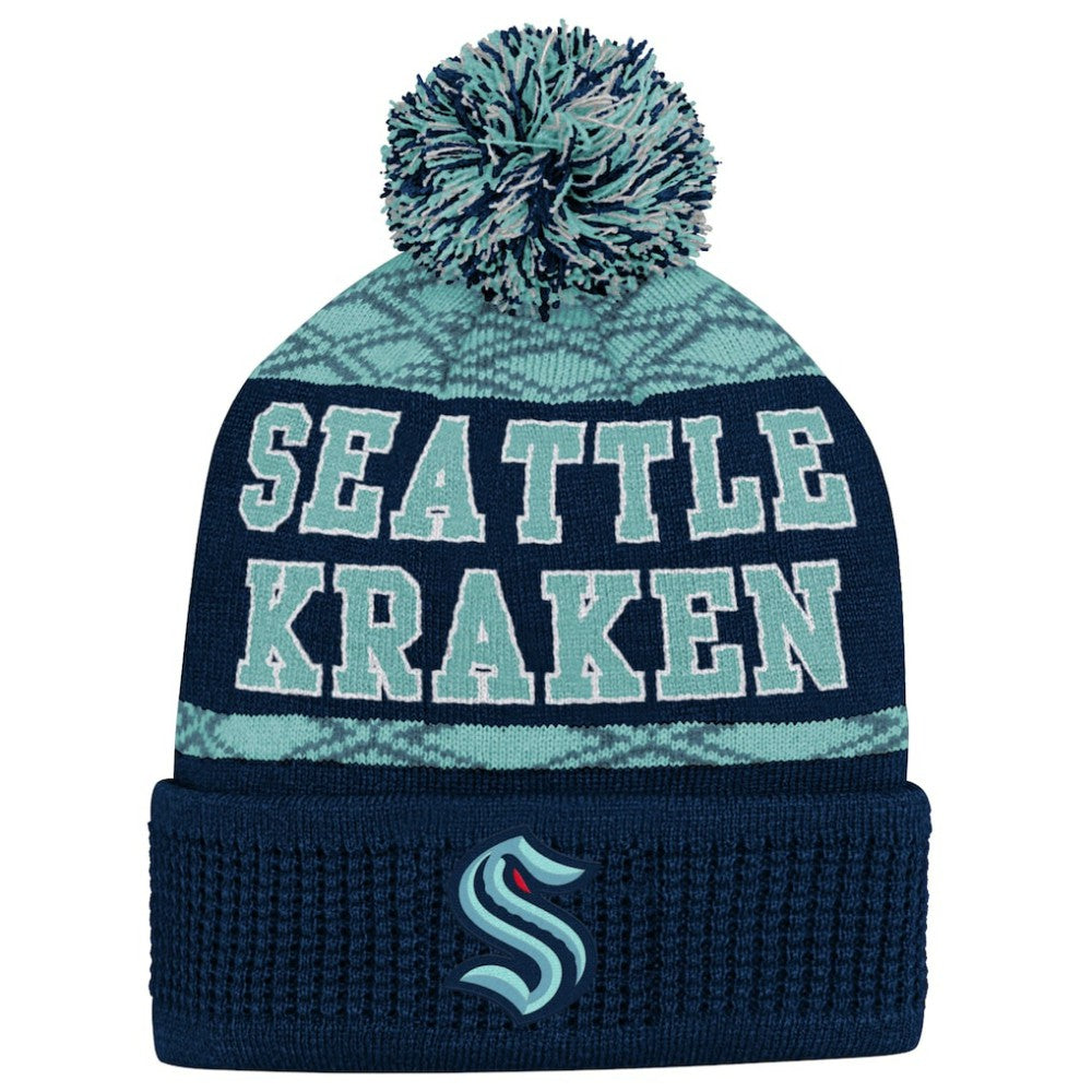 Seattle Kraken Youth Puck Cuffed Knit Hat with Pom - Deep Sea Blue - NHL