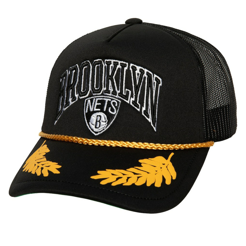 Brooklyn Nets Hardwood Classics Gold Leaf Mesh Trucker Snapback Hat Black - NBA