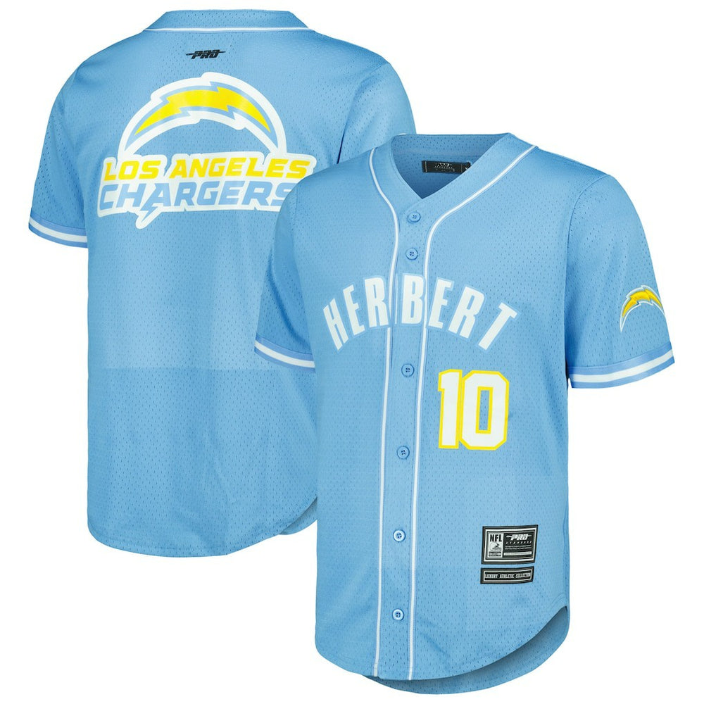 Justin Herbert Los Angeles Chargers Pro Standard Mesh Baseball Button-Up T-Shirt Powder Blue | NFL