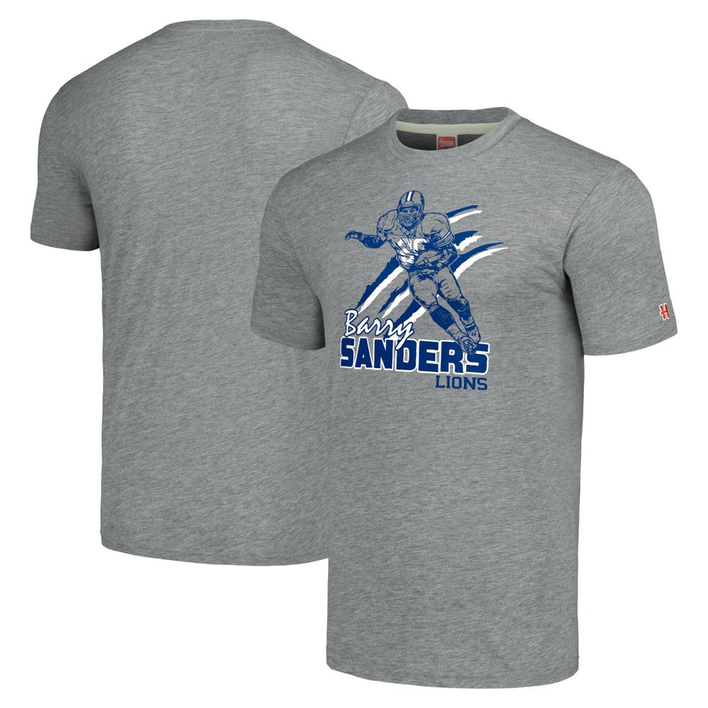 Barry Sanders Detroit Lions Homage Unisex Caricature Retired Player Tri-Blend T-Shirt Gray | NFL