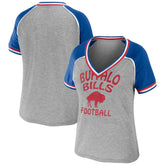 Buffalo Bills WEAR by Erin Andrews Women's Cropped Raglan Throwback V-Neck T-Shirt Heather Gray | NFL
