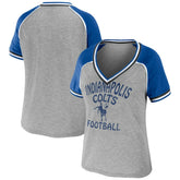 Indianapolis Colts WEAR by Erin Andrews Women's Cropped Raglan Throwback V-Neck T-Shirt Heather Gray | NFL