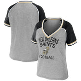 New Orleans Saints WEAR by Erin Andrews Women's Cropped Raglan Throwback V-Neck T-Shirt Heather Gray | NFL