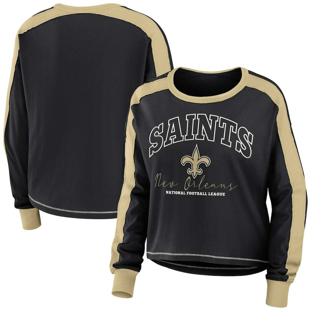 New Orleans Saints WEAR by Erin Andrews Women's Color Block Modest Crop Long Sleeve T-Shirt Black/Gold | NFL