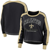 New Orleans Saints WEAR by Erin Andrews Women's Color Block Modest Crop Long Sleeve T-Shirt Black/Gold | NFL