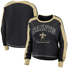 New Orleans Saints WEAR by Erin Andrews Women's Color Block Modest Crop Long Sleeve T-Shirt Black/Gold | NFL