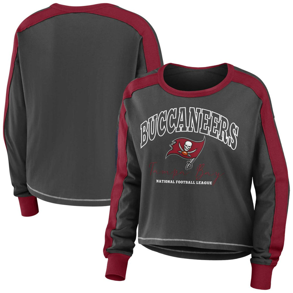 Tampa Bay Buccaneers WEAR by Erin Andrews Women's Color Block Modest Crop Long Sleeve T-Shirt Pewter/Red | NFL