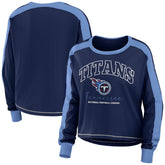 Tennessee Titans WEAR by Erin Andrews Women's Color Block Modest Crop Long Sleeve T-Shirt Navy/Light Blue | NFL