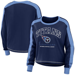 Tennessee Titans WEAR by Erin Andrews Women's Color Block Modest Crop Long Sleeve T-Shirt Navy/Light Blue | NFL