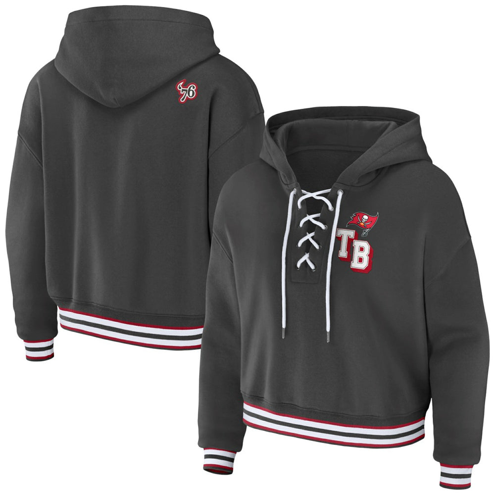 Tampa Bay Buccaneers WEAR by Erin Andrews Women's Lace-Up Pullover Hoodie Pewter | NFL