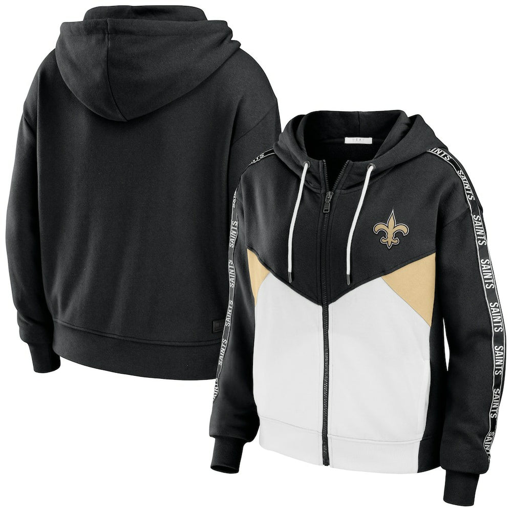 New Orleans Saints WEAR by Erin Andrews Women's Color Block Light Weight Modest Crop Full-Zip Hoodie Black/White | NFL