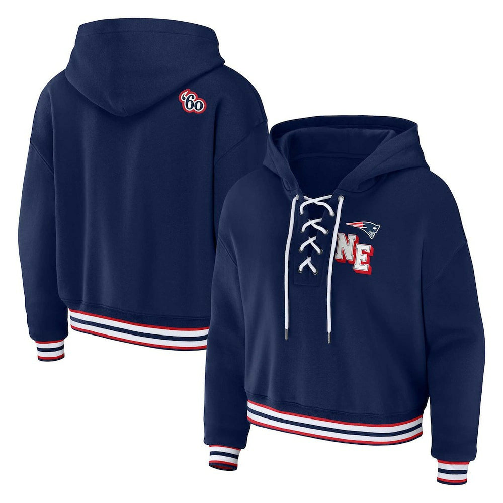 New England Patriots WEAR by Erin Andrews Women's Plus Size Lace-Up Pullover Hoodie Navy | NFL