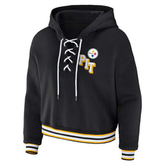 Pittsburgh Steelers WEAR by Erin Andrews Women's Plus Size Lace-Up Pullover Hoodie Black | NFL
