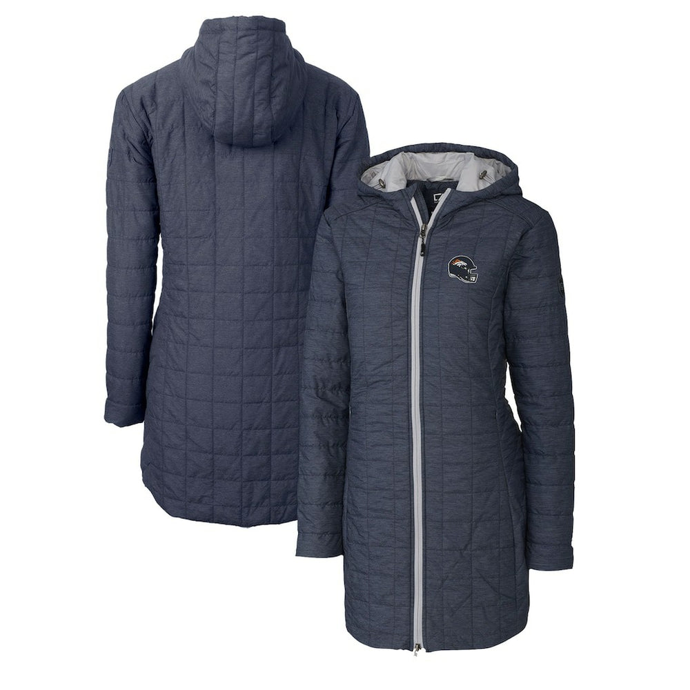 Denver Broncos Cutter & Buck Women's Helmet Logo Rainier Primaloft Eco Insulated Hooded Long Coat Heather Navy | NFL