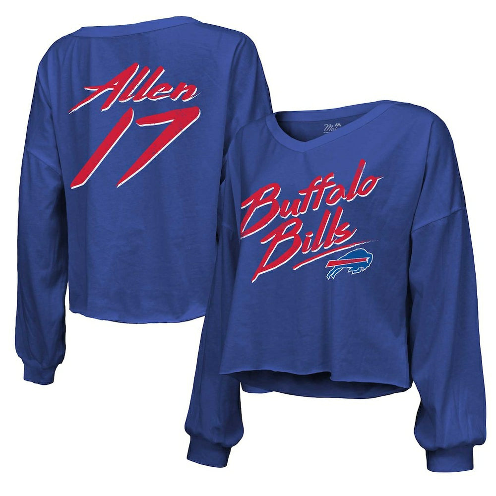 Josh Allen Buffalo Bills Majestic Threads Women's Name & Number Off-Shoulder Script Cropped Long Sleeve Relaxed V-Neck T-Shirt Royal | NFL
