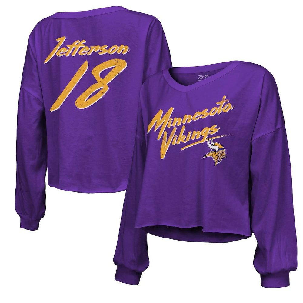 Justin Jefferson Minnesota Vikings Majestic Threads Women's Name & Number Off-Shoulder Script Cropped Long Sleeve V-Neck T-Shirt Purple | NFL