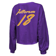 Justin Jefferson Minnesota Vikings Majestic Threads Women's Name & Number Off-Shoulder Script Cropped Long Sleeve V-Neck T-Shirt Purple | NFL