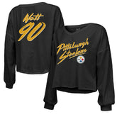T.J. Watt Pittsburgh Steelers Majestic Threads Women's Name & Number Off-Shoulder Script Cropped Long Sleeve Relaxed V-Neck T-Shirt Black | NFL