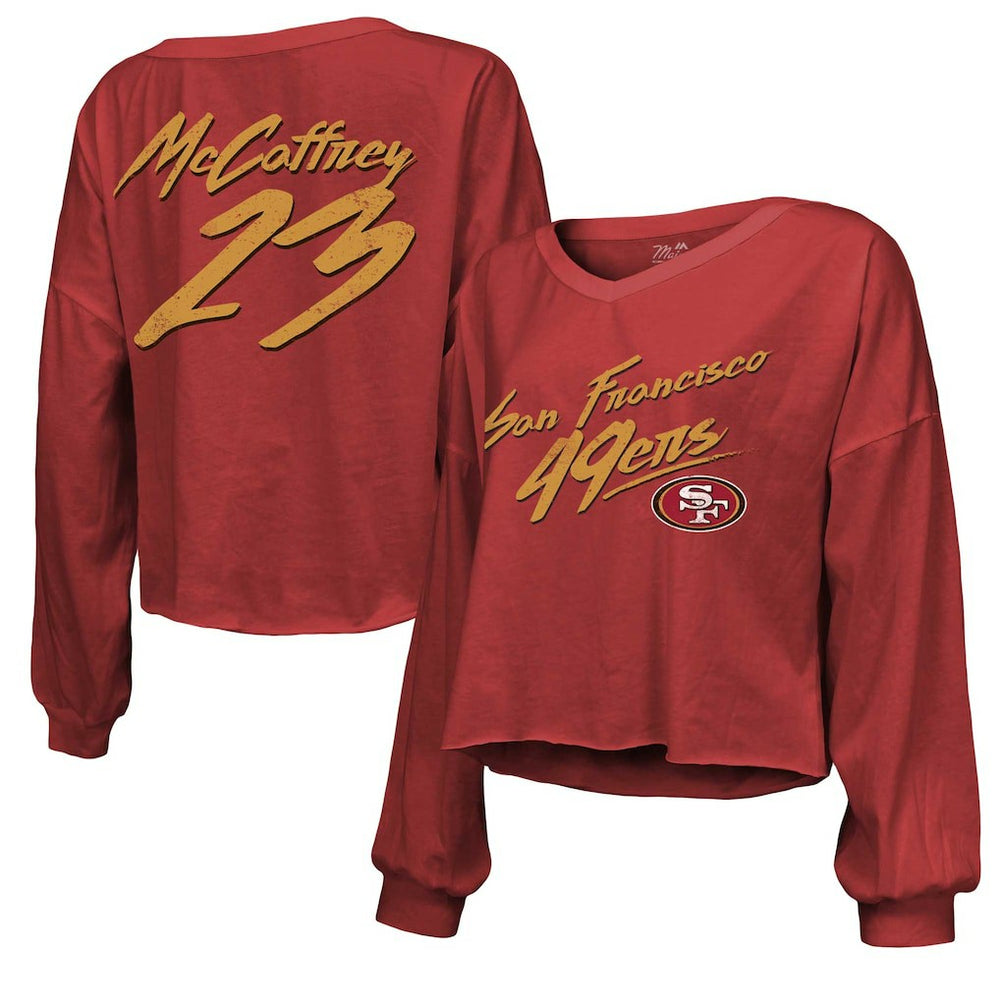 Christian McCaffrey San Francisco 49ers Majestic Threads Women's Name & Number Off-Shoulder Script Cropped Long Sleeve V-Neck T-Shirt Scarlet | NFL