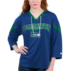 Seattle Seahawks Starter Women's Rally Lace-Up 3/4 Sleeve T-Shirt Navy | NFL