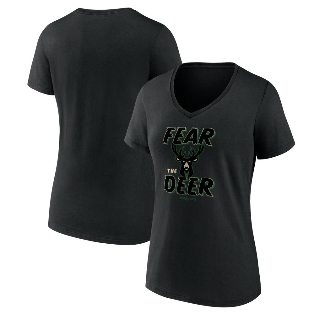 Milwaukee Bucks Women's Hometown Collection Fear The Deer V-Neck T-Shirt Black - NBA