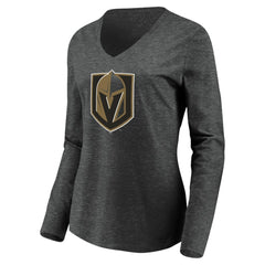 Vegas Golden Knights Women's Primary Logo V-Neck Long Sleeve T-Shirt - Charcoal - NHL