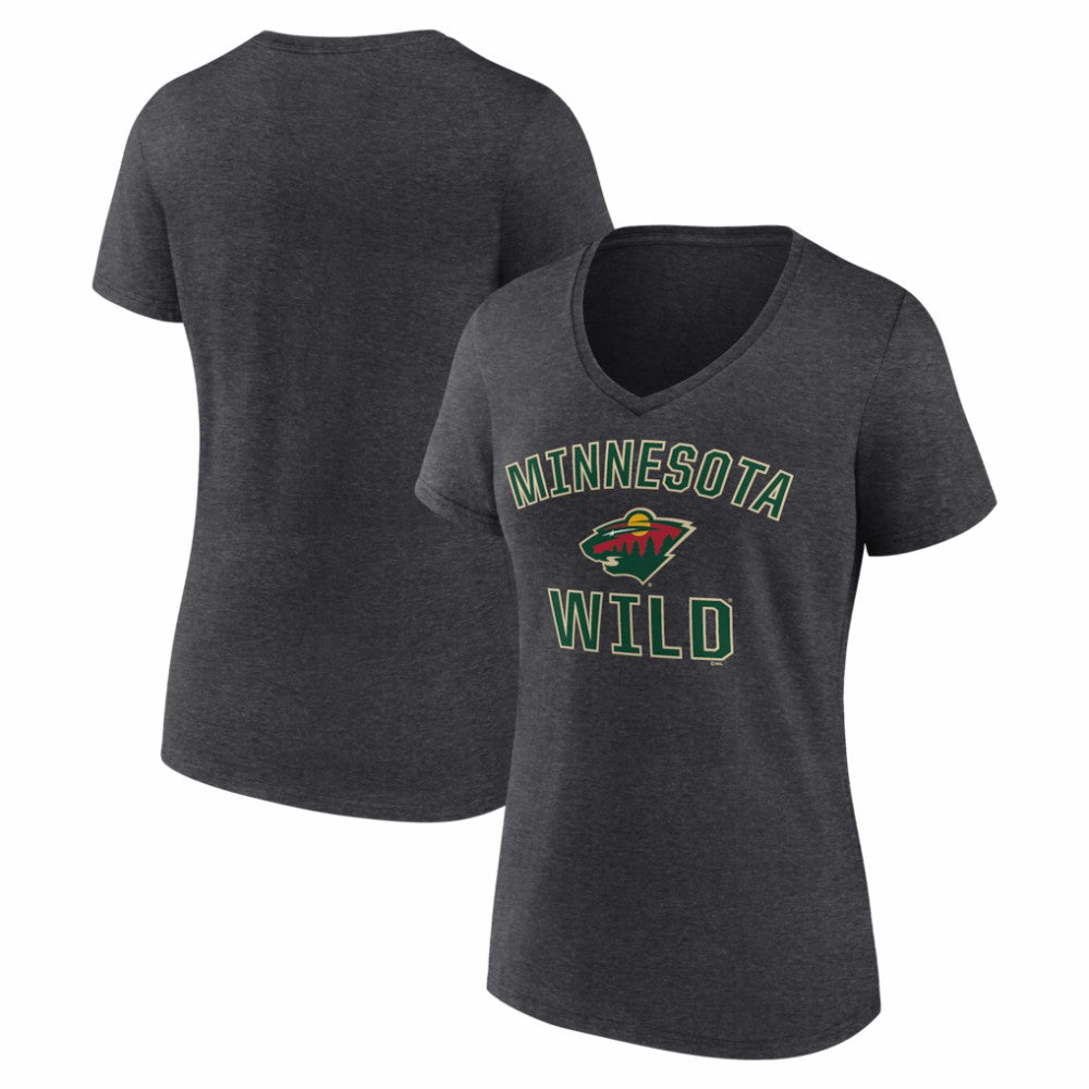Minnesota Wild Logo Athletic Women's Arch Victory V-Neck T-Shirt - Heather Charcoal - NHL
