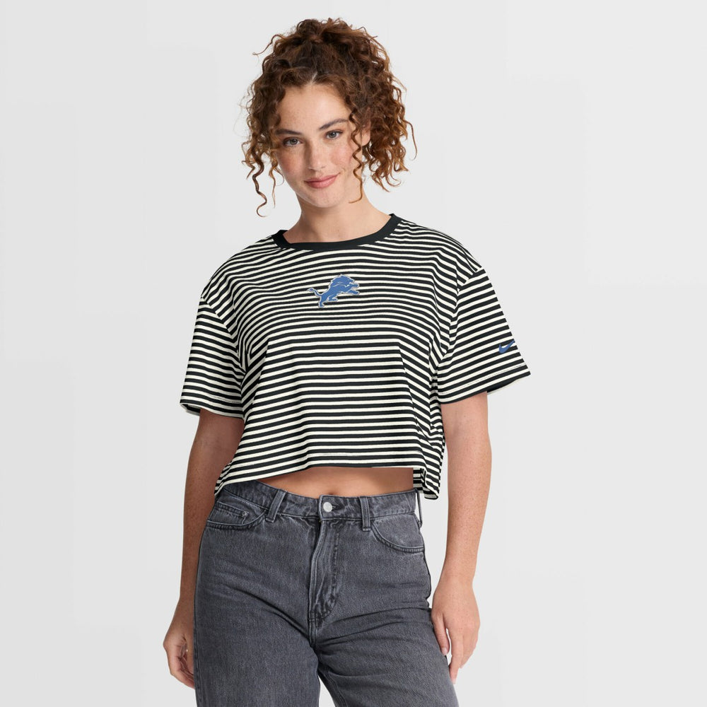 Detroit Lions Women's Striped Cropped T-Shirt Black/Cream | Nike for Sale
