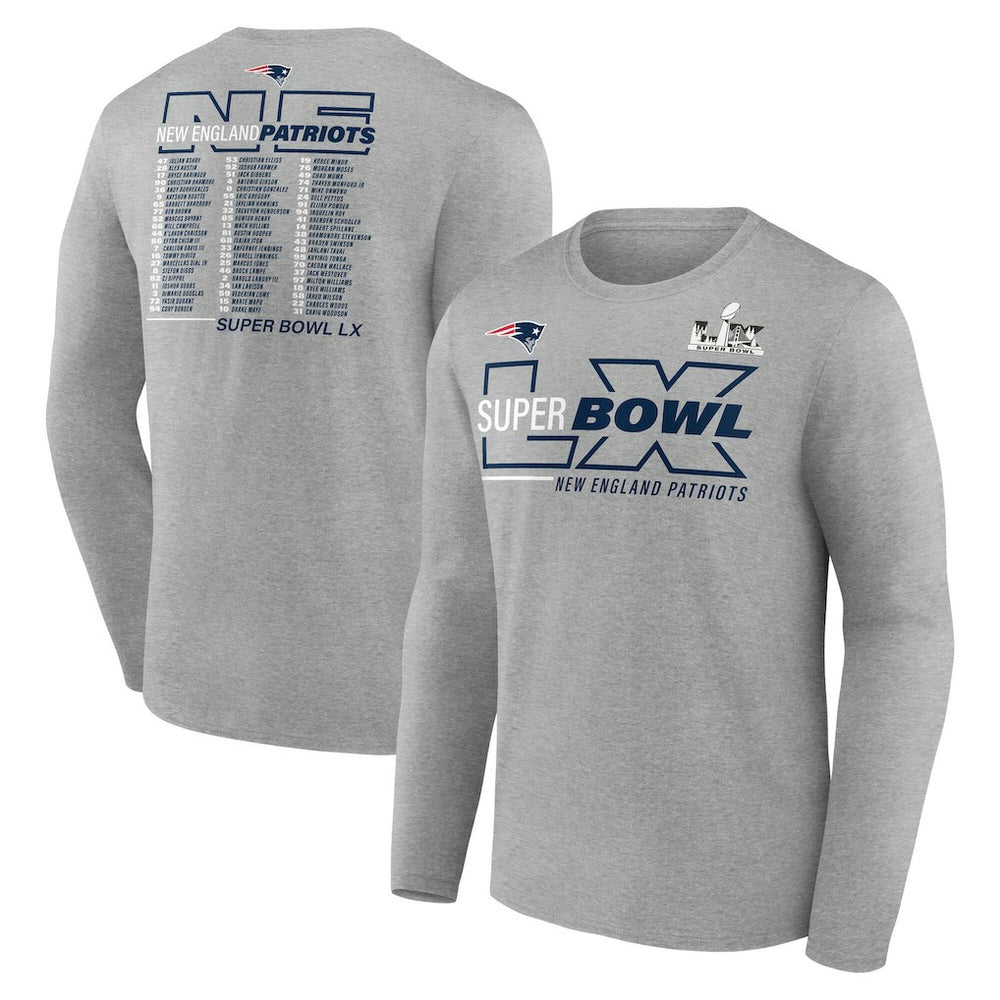 New England Patriots Super Bowl LX Roster Long Sleeve T-Shirt Heather Gray | Fanatics