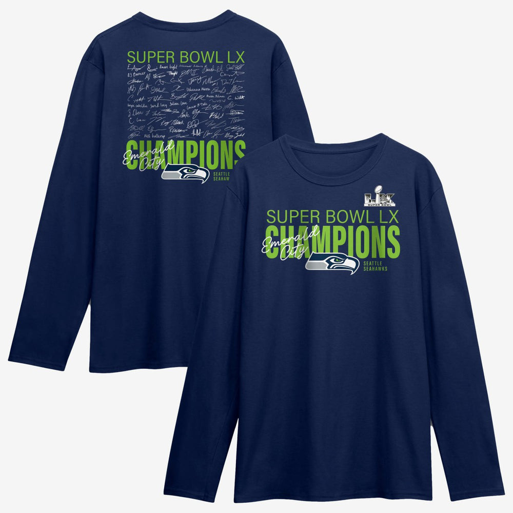 Seattle Seahawks Super Bowl LX Champions Autograph Signing Long Sleeve Roster T-Shirt College Navy | Fanatics