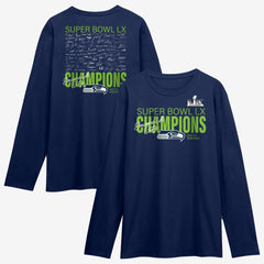Seattle Seahawks Super Bowl LX Champions Autograph Signing Long Sleeve Roster T-Shirt College Navy | Fanatics