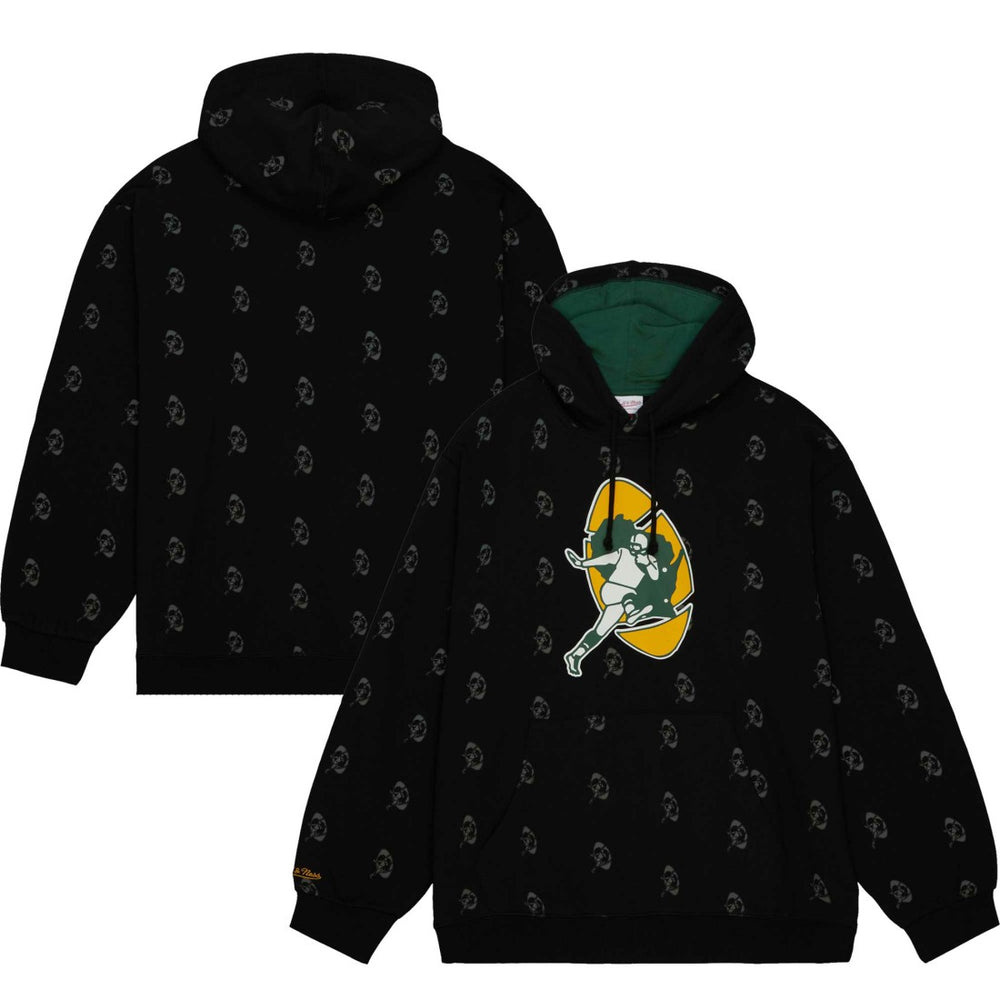 Green Bay Packers Allover Print Fleece Pullover Hoodie Black | Mitchell & Ness