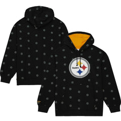 Pittsburgh Steelers Allover Print Fleece Pullover Hoodie Black | Mitchell & Ness