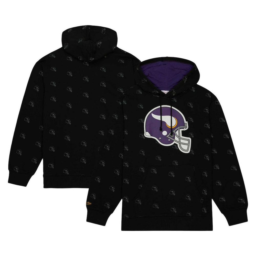 Minnesota Vikings Allover Print Fleece Pullover Hoodie Black | Mitchell & Ness