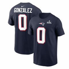 Christian Gonzalez New England Patriots Super Bowl LX Patch Name & Number T-Shirt Navy | Nike for Sale