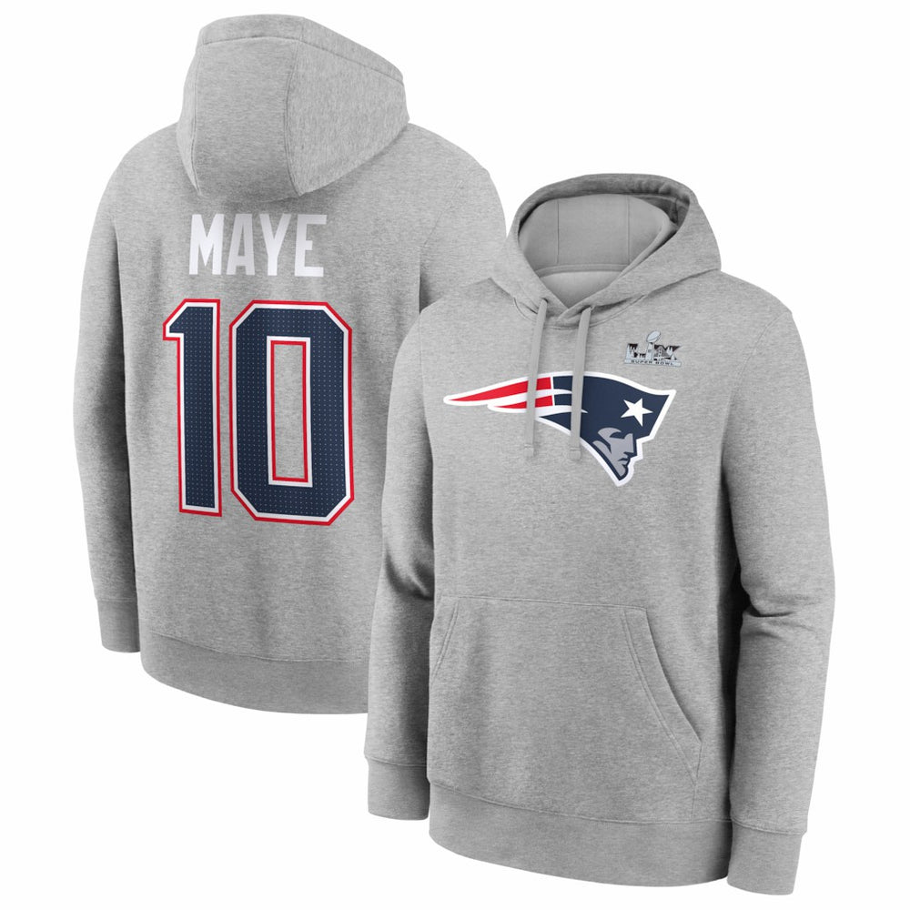 Drake Maye New England Patriots Super Bowl LX Patch Name & Number Hoodie Heather Gray | Nike for Sale
