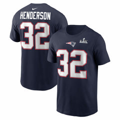 TreVeyon Henderson New England Patriots Super Bowl LX Patch Name & Number T-Shirt Navy | Nike for Sale