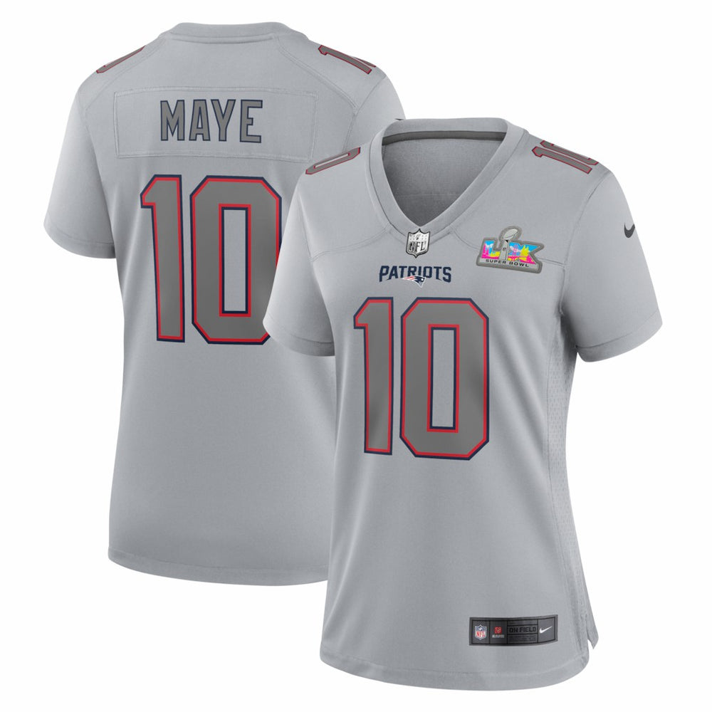 Drake Maye New England Patriots Women's Super Bowl LX Patch Atmosphere Fashion Game Jersey Silver | Nike for Sale