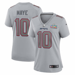 Drake Maye New England Patriots Women's Super Bowl LX Patch Atmosphere Fashion Game Jersey Silver | Nike for Sale