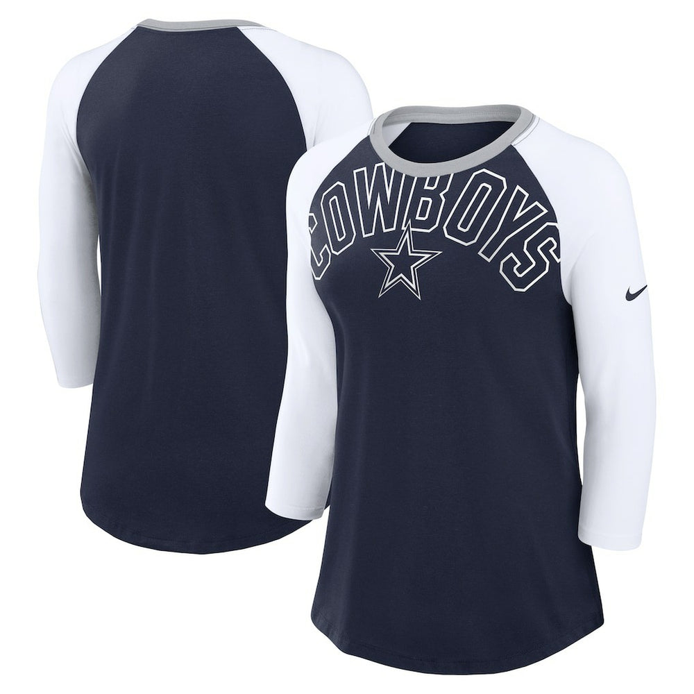 Dallas Cowboys Women's Knockout Arch Raglan Tri-Blend 3/4-Sleeve T-Shirt Navy/White | Nike for Sale
