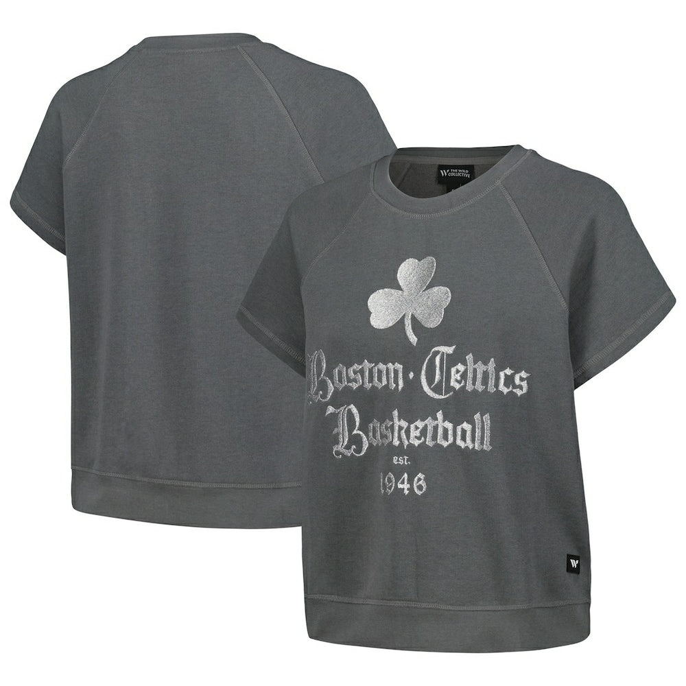 Boston Celtics The Wild Collective Women's Embroidered Fleece Raglan Short Sleeve Pullover Sweatshirt Gray - NBA