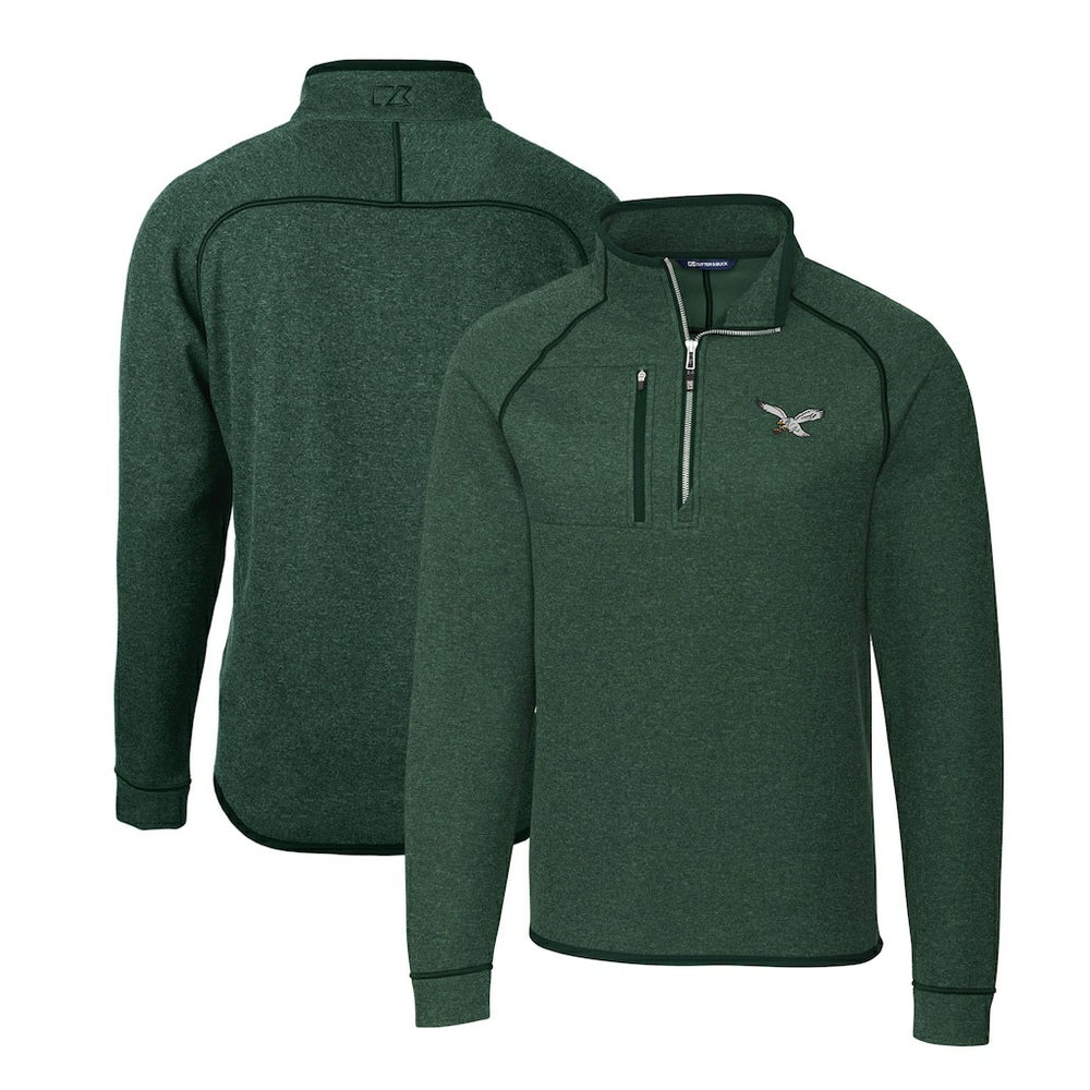 Philadelphia Eagles Cutter & Buck Gridiron Classics Big & Tall Mainsail Sweater-Knit Half-Zip Pullover Jacket Heather Green | NFL