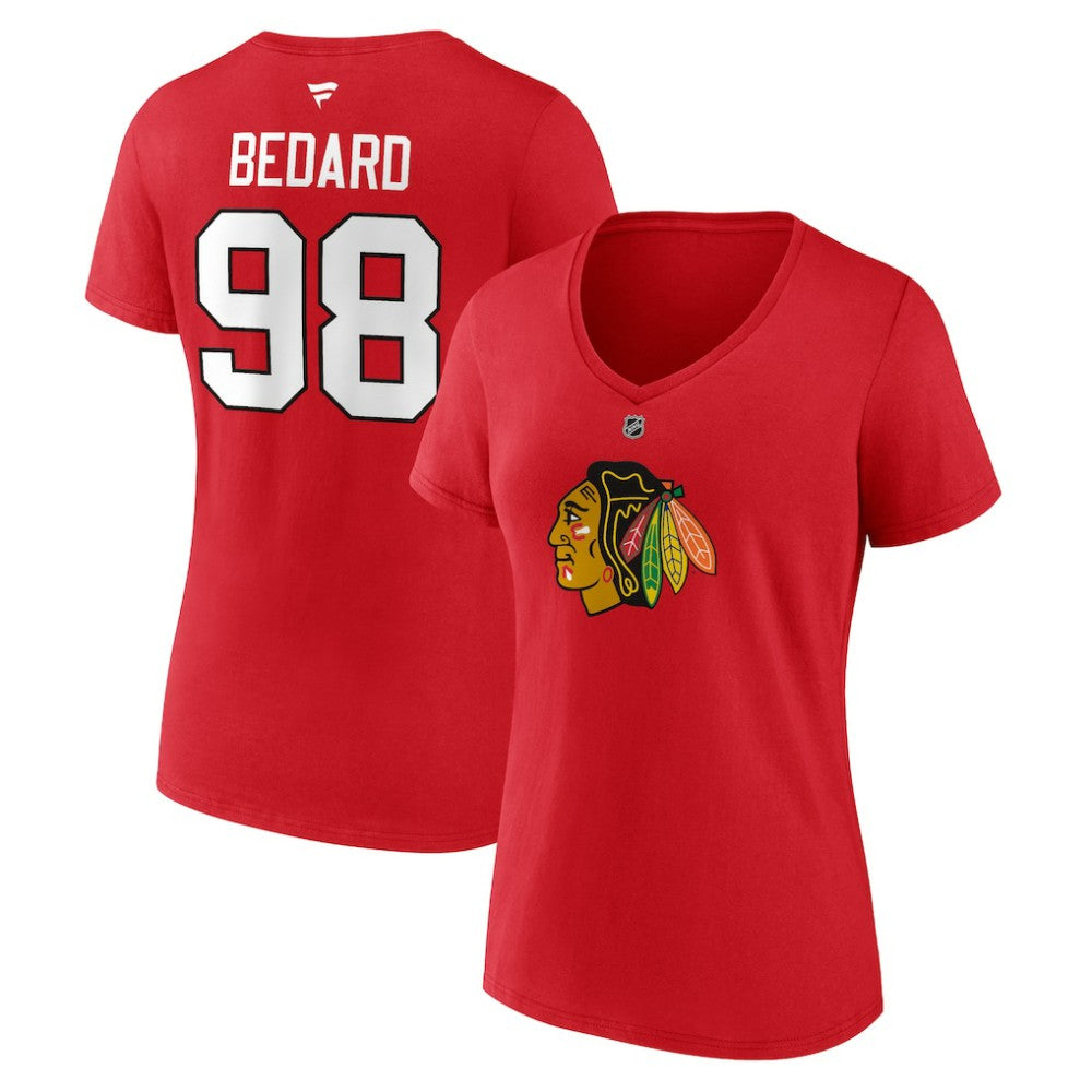 Connor Bedard Chicago Blackhawks Fanatics Women's Authentic Stack Name & Number V-Neck T-Shirt - Red - NHL