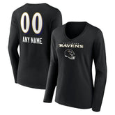 Baltimore Ravens Women's Personalized Name & Number Team Wordmark Long Sleeve V-Neck T-Shirt Black | NFL