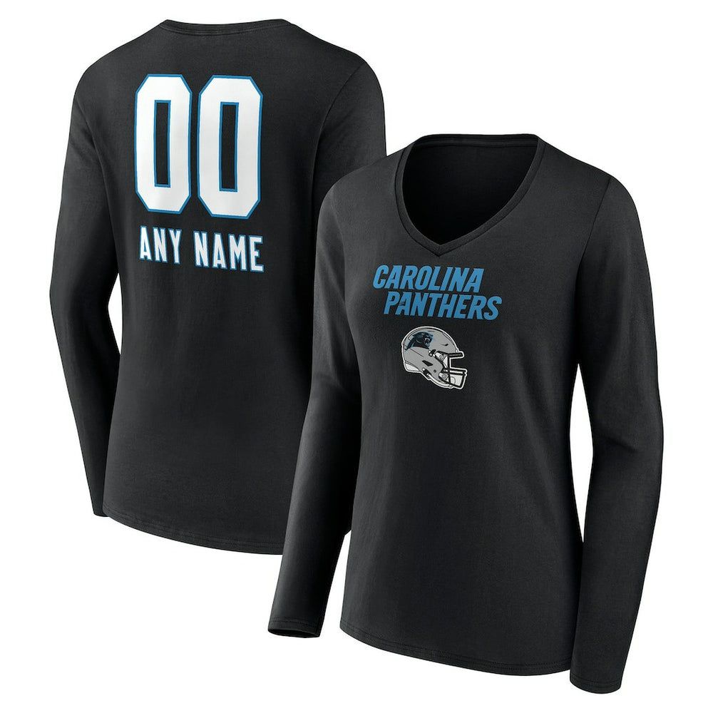 Carolina Panthers Women's Personalized Name & Number Team Wordmark Long Sleeve V-Neck T-Shirt Black | NFL