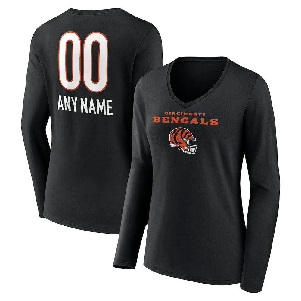Cincinnati Bengals Women's Personalized Name & Number Team Wordmark Long Sleeve V-Neck T-Shirt Black | NFL