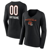 Cincinnati Bengals Women's Personalized Name & Number Team Wordmark Long Sleeve V-Neck T-Shirt Black | NFL