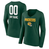 Green Bay Packers Women's Personalized Name & Number Team Wordmark Long Sleeve V-Neck T-Shirt Green | NFL