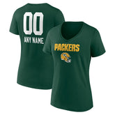 Green Bay Packers Women's Personalized Name & Number Team Wordmark V-Neck T-Shirt Green | NFL